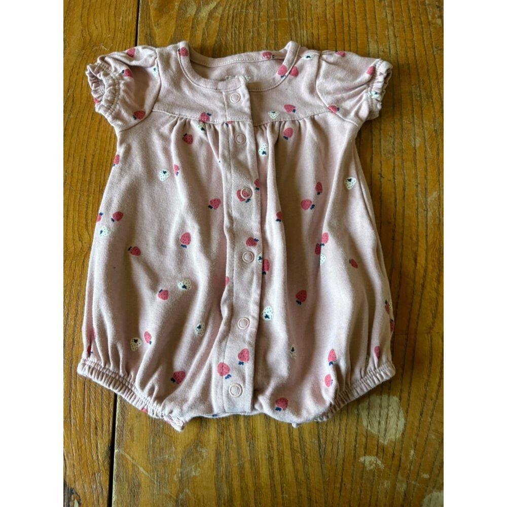 Carter's Pink and White Strawberry Snap-Button Romper Size Newborn